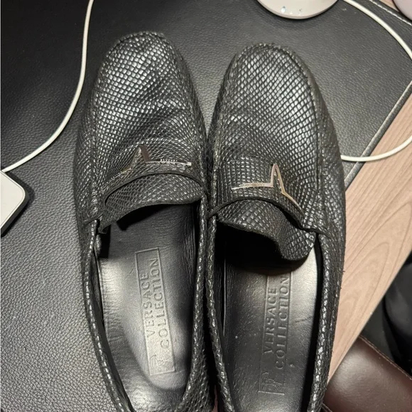 Versace Black Slip-On Loafers with Textured Leather Versace Metal detail textured  main image 4